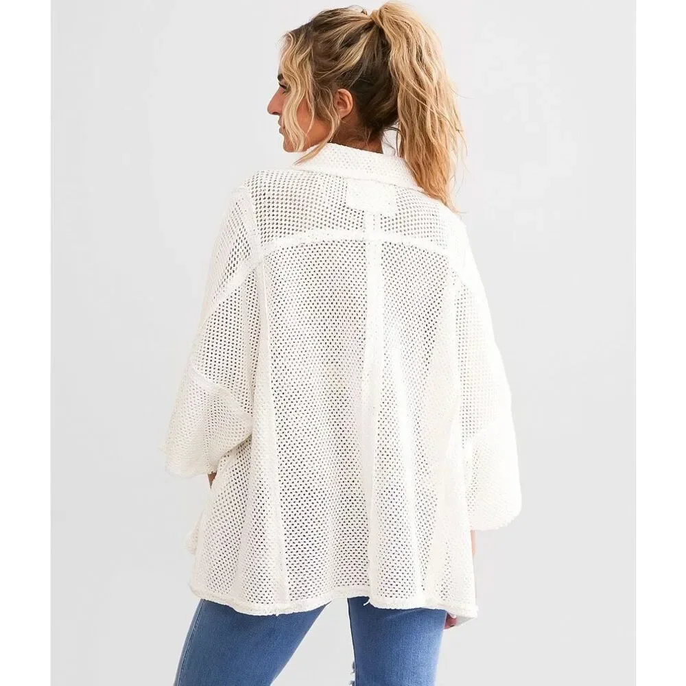 Free People Cream Crochet Button-Up Shirt